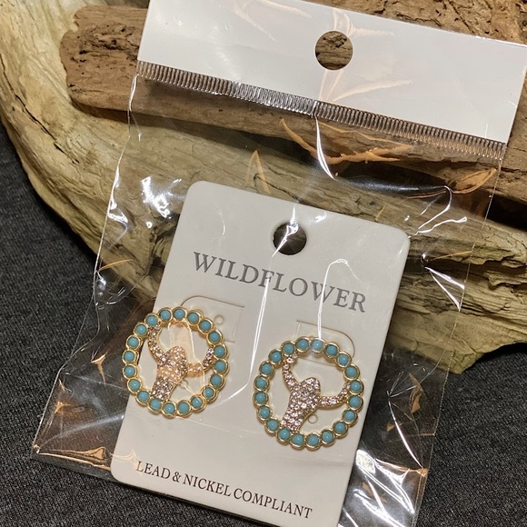 NEW Crystal Steer Longhorn Earrings in Turquoise Circle Bullhead cow head - Picture 2 of 5